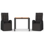 3-Piece Garden Dining Set Black Poly Rattan Wicker Outdoor Patio Furniture&Solid Wood Acacia