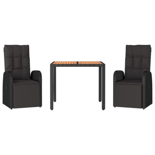 3-Piece Garden Dining Set Black Poly Rattan Wicker Outdoor Patio Furniture&Solid Wood Acacia - Image 2