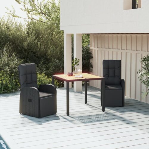 3-Piece Garden Dining Set Black Poly Rattan Wicker Outdoor Patio Furniture&Solid Wood Acacia - Image 10