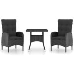 3-Piece Garden Dining Set Poly Rattan Wicker Outdoor Patio Furniture Glass Black