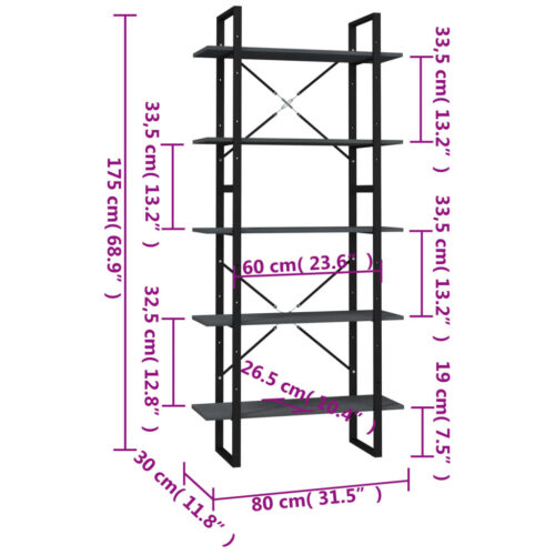 5-Tier Book Cabinet Grey 80x30x175cm Pinewood - Image 5