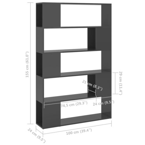 Book Cabinet Room Divider High Gloss Grey Engineered Wood - Image 7