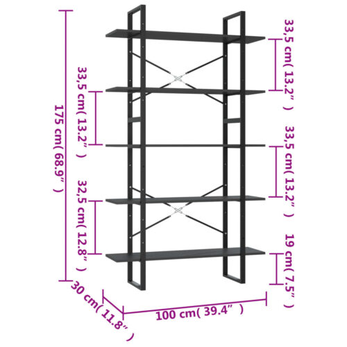 5-Tier Book Cabinet Grey 100x30x175cm Engineered Wood - Image 6
