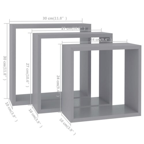Wall Cube Shelves 3pcs Grey MDF - Image 11