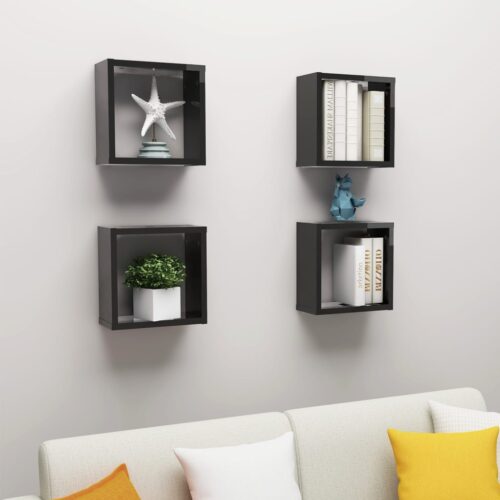 Wall Cube Shelves 4pcs High Gloss Black 30x15x30cm