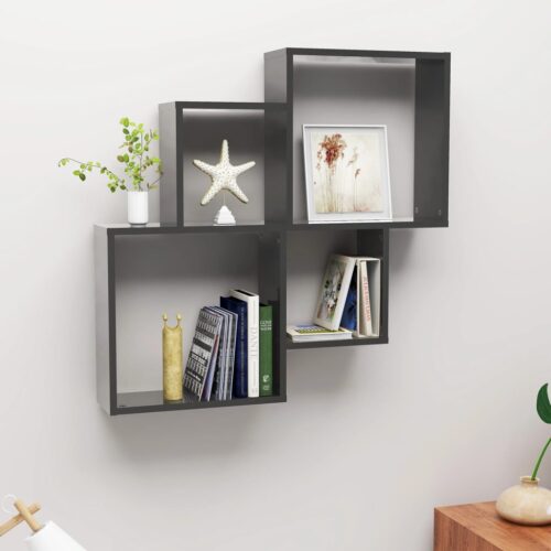 Wall Cube Shelf High Gloss Grey 80x15x78.5cm Engineered Wood