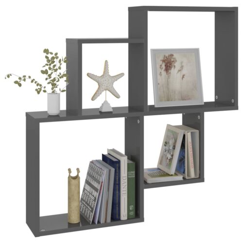 Wall Cube Shelf High Gloss Grey 80x15x78.5cm Engineered Wood - Image 5
