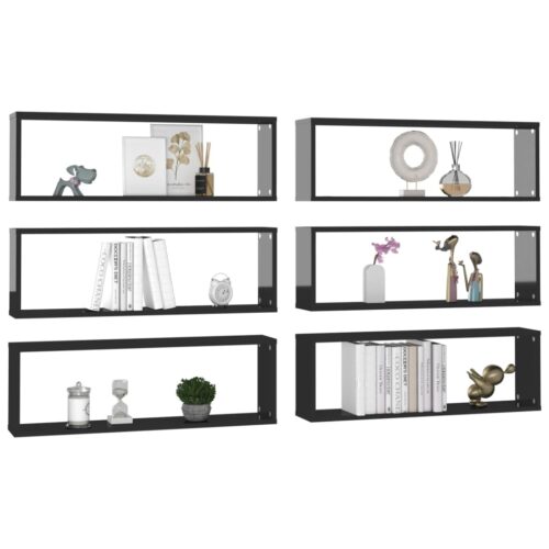 Wall Cube Shelves 6pcs High Gloss Black 80x15x26.5cm Engineered Wood - Image 3