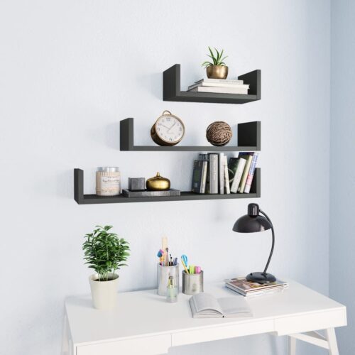 Wall Display Shelf 3pcs High Gloss Grey Engineered Wood - Image 7
