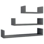 Wall Display Shelf 3pcs High Gloss Grey Engineered Wood