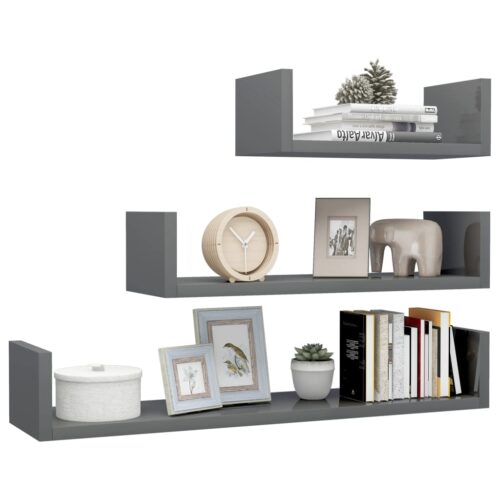 Wall Display Shelf 3pcs High Gloss Grey Engineered Wood - Image 3