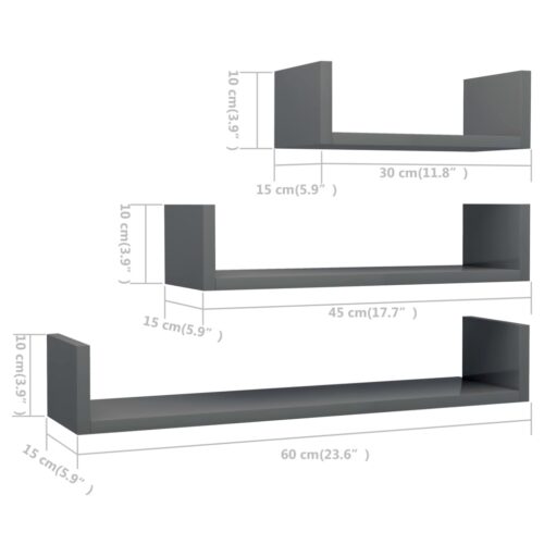 Wall Display Shelf 3pcs High Gloss Grey Engineered Wood - Image 6