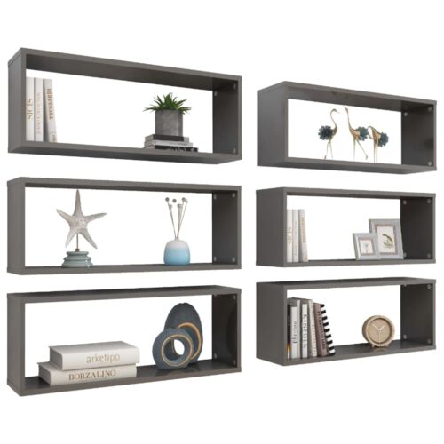 Wall Cube Shelves 6pcs High Gloss Grey 60x15x23cm Engineered Wood - Image 3