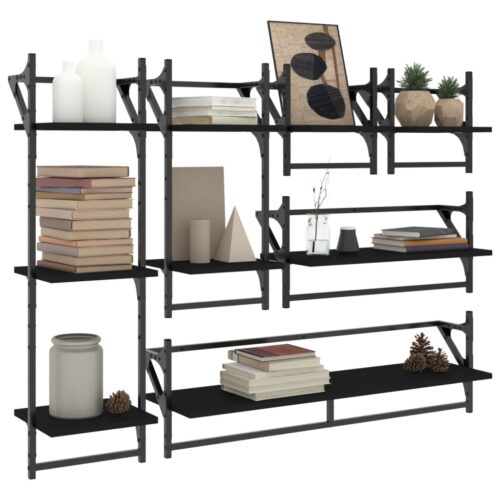 6-Piece Bars Bookshelf Display Storage Wooden Metal Cabinet Shelf Shelving Black - Image 3