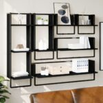 6-Piece Wall Shelf Set with Bars Black Engineered Wood