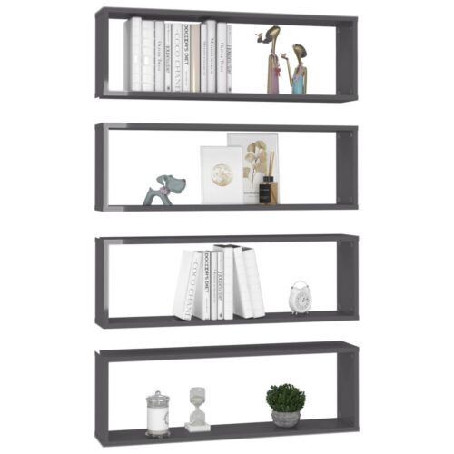 Wall Cube Shelves 4pcs High Gloss Grey 80x15x26.5cm Engineered Wood - Image 3