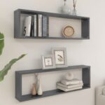 Wall Cube Shelves 2pcs High Gloss Grey 100x15x30cm Engineered Wood