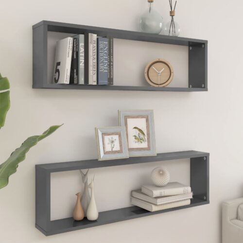Wall Cube Shelves 2pcs High Gloss Grey 100x15x30cm Engineered Wood