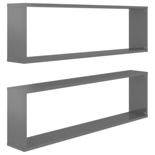 Wall Cube Shelves 2pcs High Gloss Grey 100x15x30cm Engineered Wood - Image 2