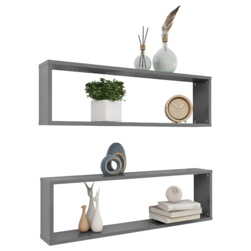 Wall Cube Shelves 2pcs High Gloss Grey 100x15x30cm Engineered Wood - Image 3