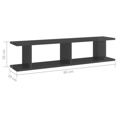 Wall Shelves 2pcs High Gloss Grey 90x18x20cm Engineered Wood - Image 7