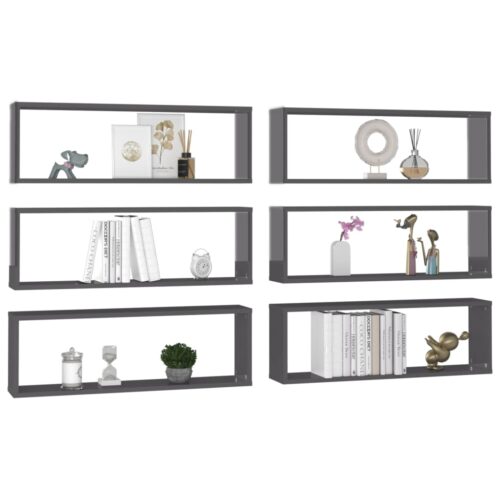 Wall Cube Shelves 6pcs High Gloss Grey 80x15x26.5cm Engineered Wood - Image 3
