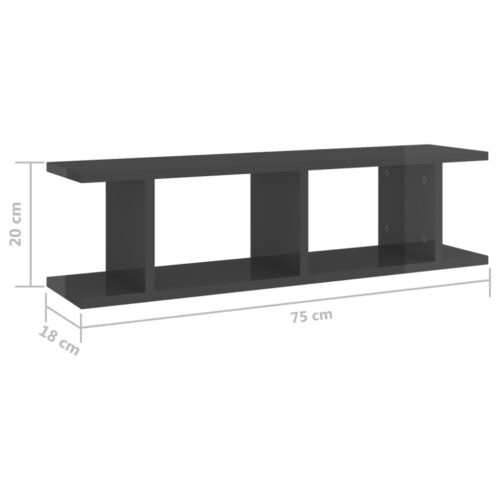 Wall Shelves 2pcs High Gloss Grey 75x18x20cm Engineered Wood - Image 7