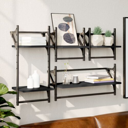 4-Piece Wall Shelf Set with Bars Black Engineered Wood