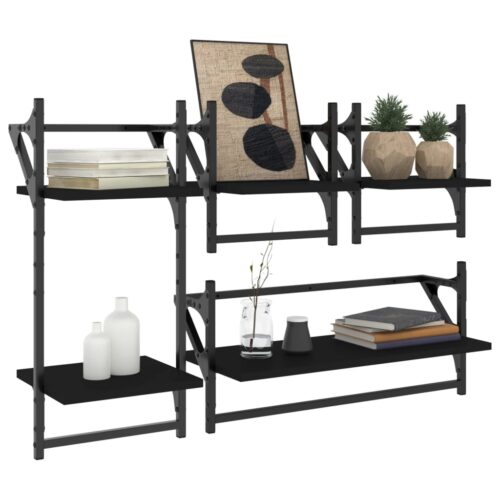 4-Piece Wall Shelf Set with Bars Black Engineered Wood - Image 3