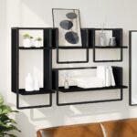 4-Piece Wall Shelf Set with Bars Black Engineered Wood