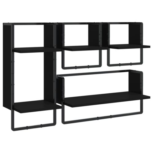 4-Piece Wall Shelf Set with Bars Black Engineered Wood - Image 2