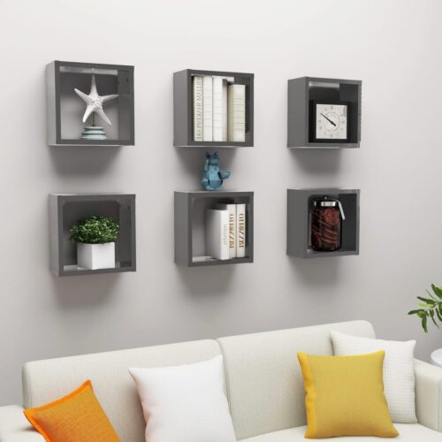 Wall Cube Shelves 6pcs High Gloss Grey 30x15x30cm