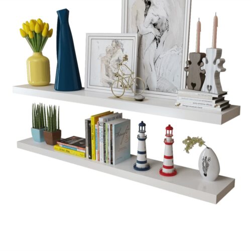 2 White MDF Floating Wall Display Shelves Book/DVD Storage - Image 4