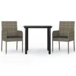3-Piece Garden Dining Set with Cushions Black Grey Poly Rattan Wicker Outdoor Patio Furniture