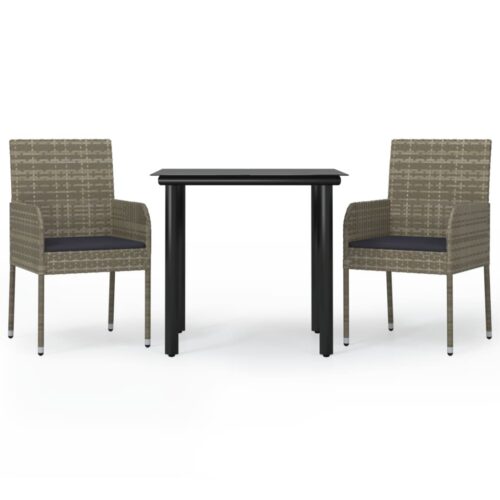 3-Piece Garden Dining Set with Cushions Black Grey Poly Rattan Wicker Outdoor Patio Furniture