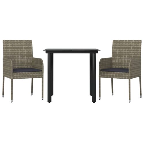 3-Piece Garden Dining Set with Cushions Black Grey Poly Rattan Wicker Outdoor Patio Furniture - Image 2