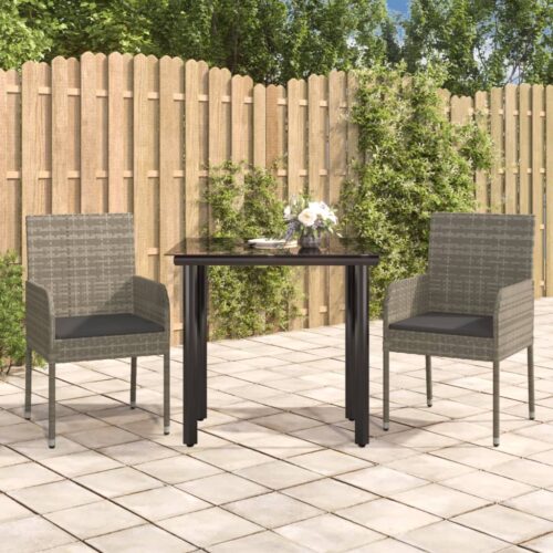 3-Piece Garden Dining Set with Cushions Black Grey Poly Rattan Wicker Outdoor Patio Furniture - Image 10