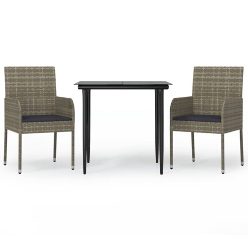 3-Piece Garden Dining Set with Cushions Black Grey Poly Rattan Wicker Outdoor Patio Furniture