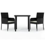 3-Piece Garden Dining Set with Cushions Black Poly Rattan Wicker Outdoor Patio Furniture