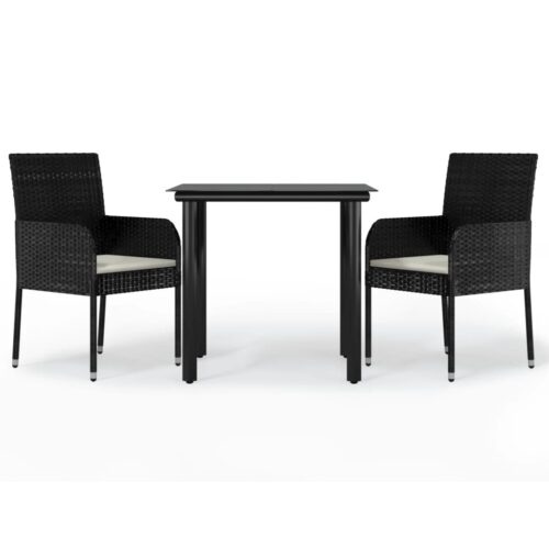 3-Piece Garden Dining Set with Cushions Black Poly Rattan Wicker Outdoor Patio Furniture