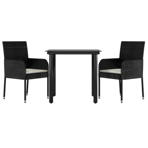 3-Piece Garden Dining Set with Cushions Black Poly Rattan Wicker Outdoor Patio Furniture - Image 2