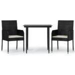 3-Piece Garden Dining Set with Cushions Black Poly Rattan Wicker Outdoor Patio Furniture