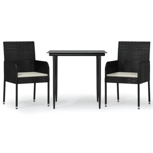 3-Piece Garden Dining Set with Cushions Black Poly Rattan Wicker Outdoor Patio Furniture