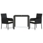 3-Piece Garden Dining Set with Cushions Black Poly Rattan Wicker Outdoor Patio Furniture