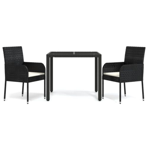 3-Piece Garden Dining Set with Cushions Black Poly Rattan Wicker Outdoor Patio Furniture