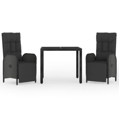 3-Piece Garden Dining Set with Cushions Black Poly Rattan Wicker Outdoor Patio Furniture