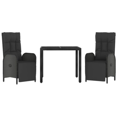 3-Piece Garden Dining Set with Cushions Black Poly Rattan Wicker Outdoor Patio Furniture - Image 2