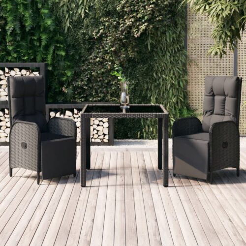 3-Piece Garden Dining Set with Cushions Black Poly Rattan Wicker Outdoor Patio Furniture - Image 11