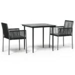 3-Piece Garden Dining Set with Cushions Black Poly Rattan Wicker Outdoor Patio Furniture Steel