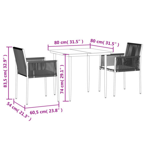 3-Piece Garden Dining Set with Cushions Black Poly Rattan Wicker Outdoor Patio Furniture Steel - Image 9